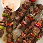 Beef Kabobs w Sriracha Tzatziki